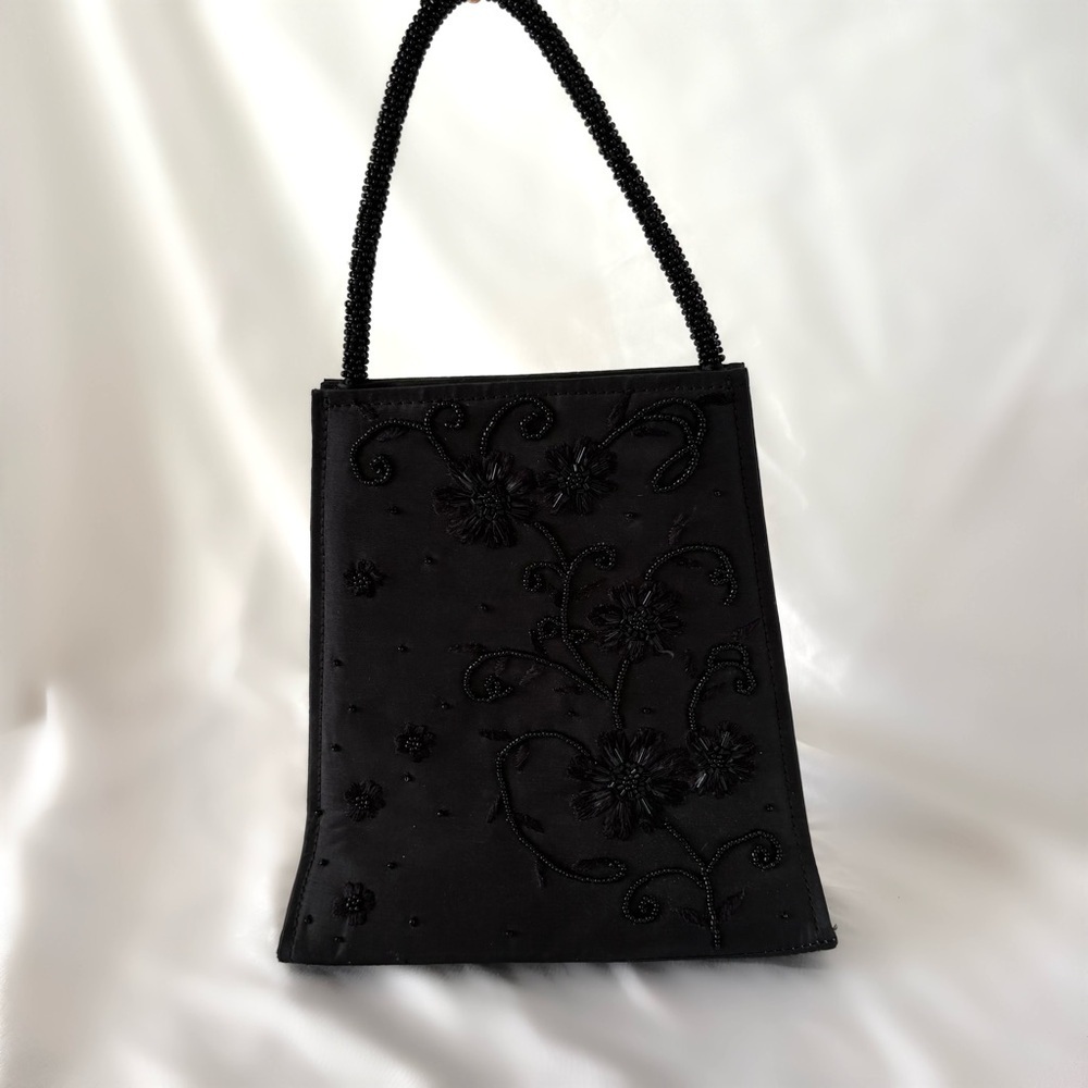 Vintage 90s black beaded handbag purse formal casual floral rectangle structured